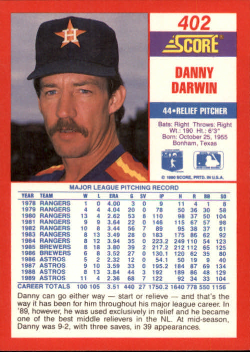 1990 Score #402 Danny Darwin back image