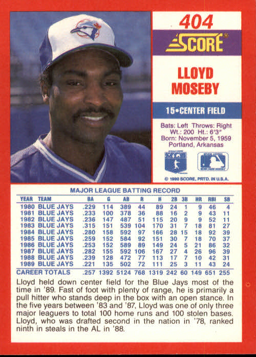 1990 Score #404 Lloyd Moseby back image