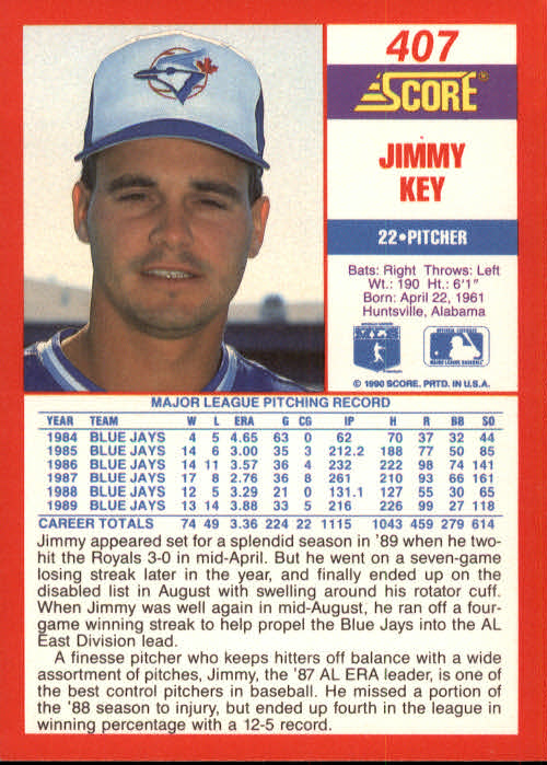 1990 Score #407 Jimmy Key back image