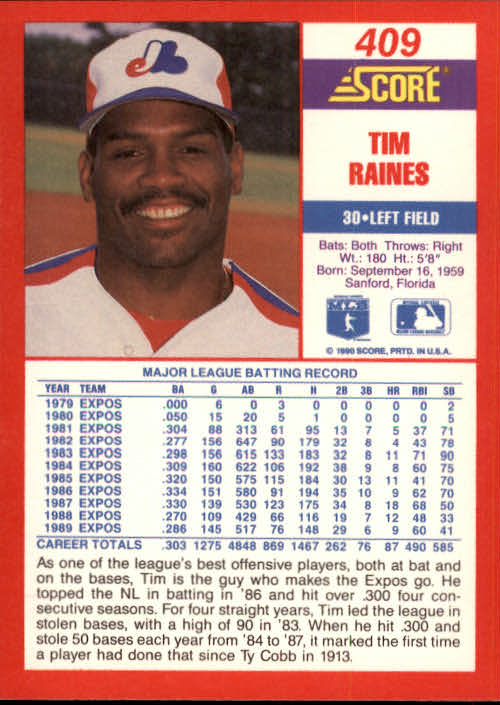 1990 Score #409 Tim Raines back image