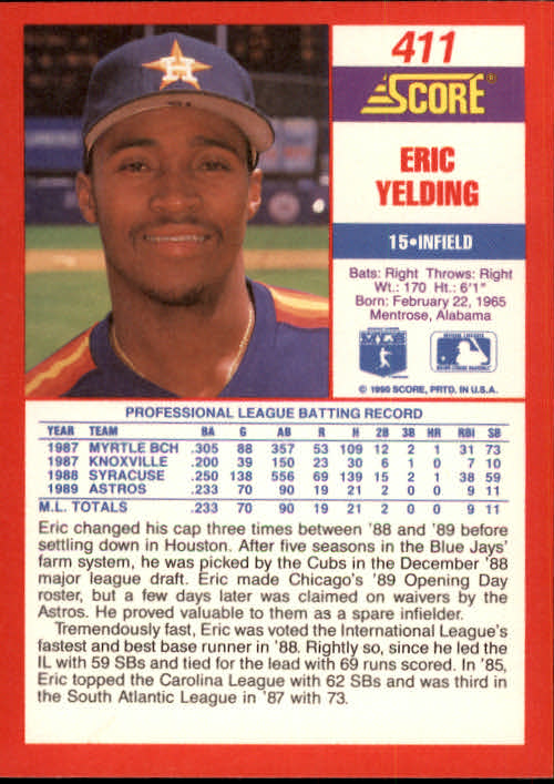 1990 Score #411 Eric Yelding RC back image