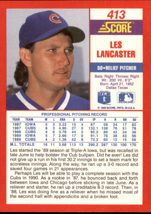 1990 Score #413 Les Lancaster back image