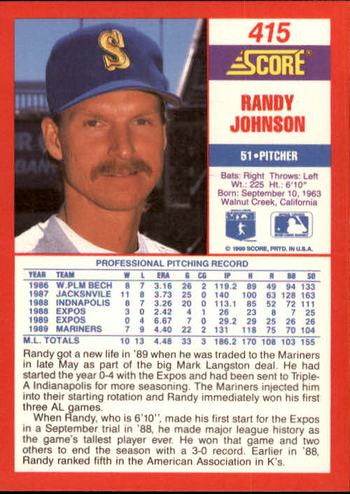 1990 Score #415 Randy Johnson back image
