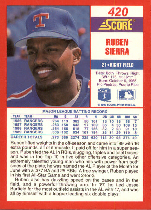 1990 Score #420 Ruben Sierra back image
