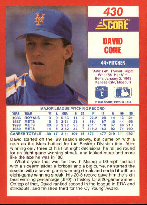 1990 Score #430 David Cone back image