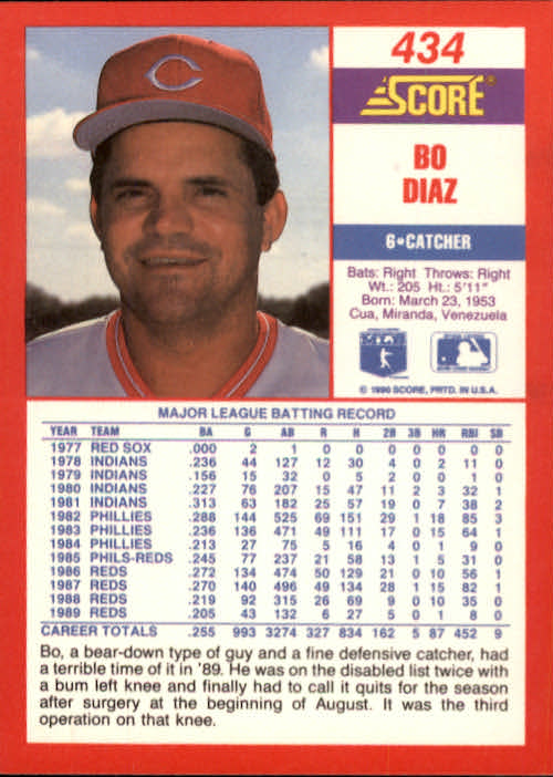 1990 Score #434 Bo Diaz back image