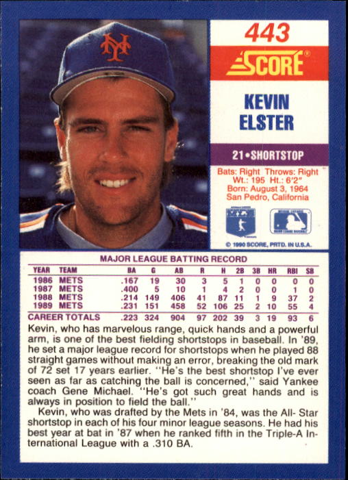 1990 Score #443 Kevin Elster back image
