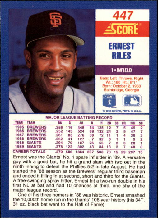 1990 Score #447 Ernest Riles back image