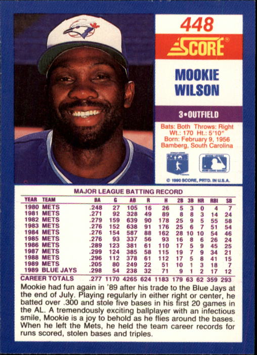 1990 Score #448 Mookie Wilson back image