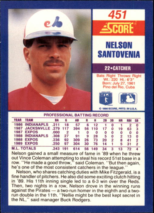 1990 Score #451 Nelson Santovenia back image
