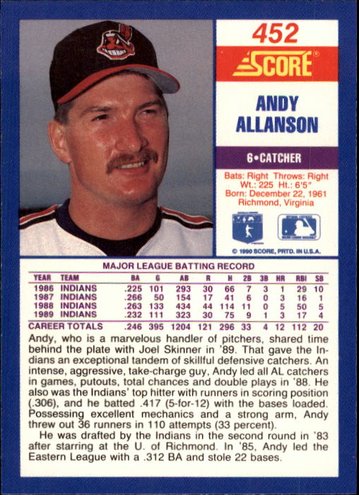 1990 Score #452 Andy Allanson back image