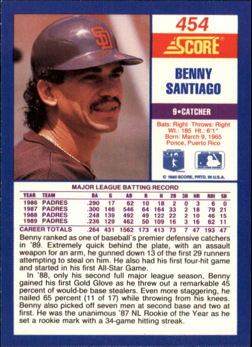 1990 Score #454 Benito Santiago back image