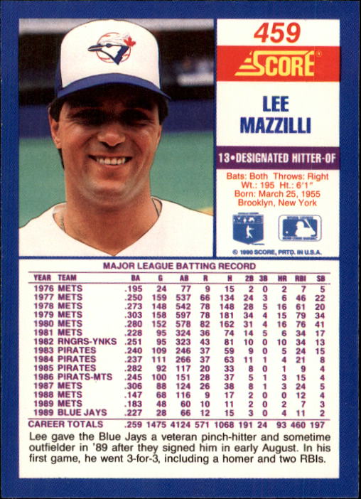 1990 Score #459 Lee Mazzilli back image