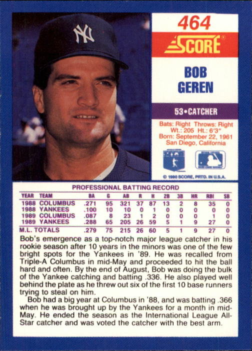 1990 Score #464 Bob Geren back image