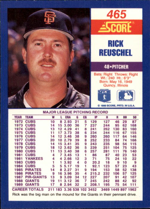 1990 Score #465 Rick Reuschel back image