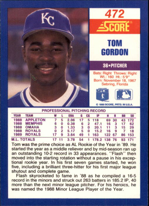 1990 Score #472 Tom Gordon back image