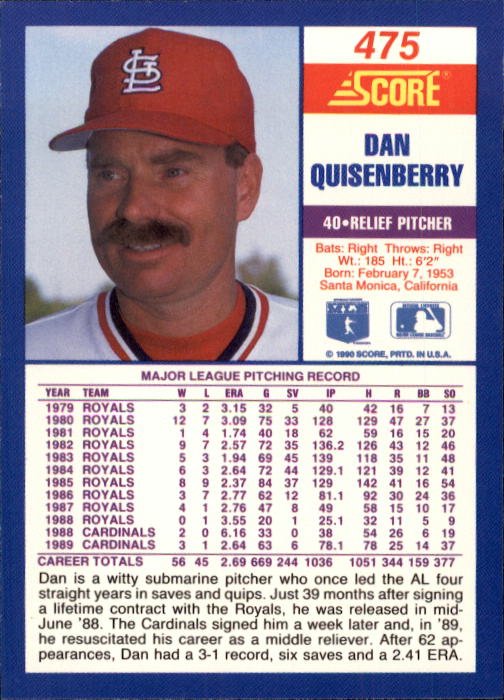 1990 Score #475 Dan Quisenberry back image