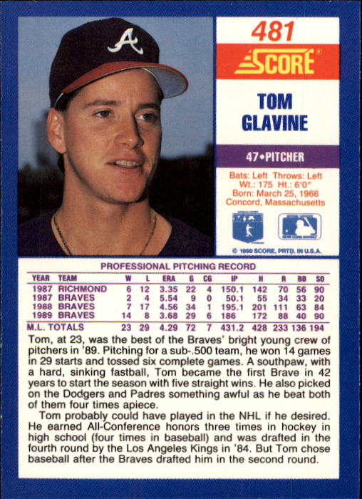1990 Score #481 Tom Glavine back image