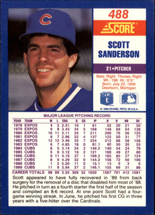 1990 Score #488 Scott Sanderson back image