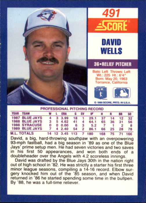 1990 Score #491B David Wells COR back image
