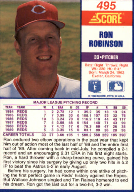 1990 Score #495 Ron Robinson back image