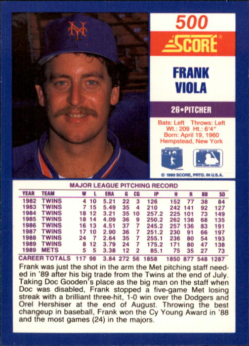 1990 Score #500 Frank Viola back image