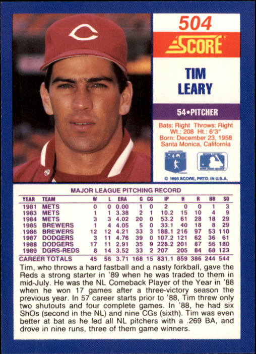 1990 Score #504 Tim Leary back image