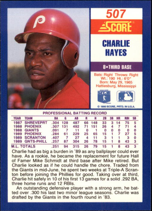 1990 Score #507 Charlie Hayes back image