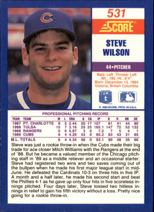 1990 Score #531 Steve Wilson back image