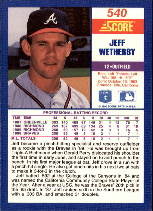 1990 Score #540 Jeff Wetherby RC back image