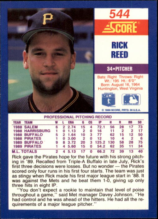 1990 Score #544 Rick Reed RC back image