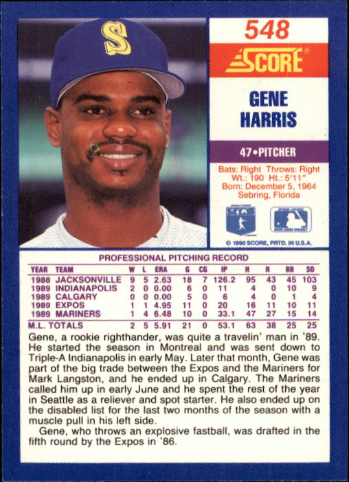 1990 Score #548 Gene Harris back image