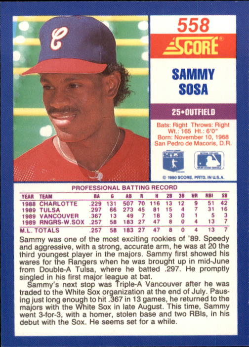 1990 Score #558 Sammy Sosa RC back image
