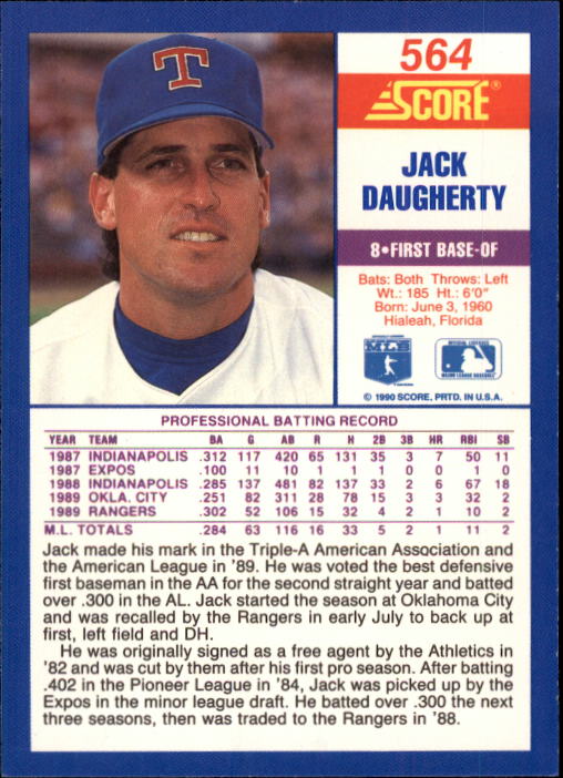 1990 Score #564 Jack Daugherty RC back image