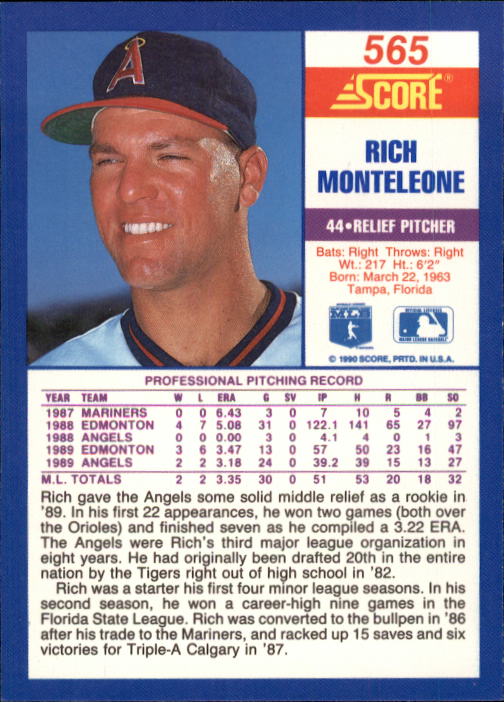1990 Score #565 Rich Monteleone back image