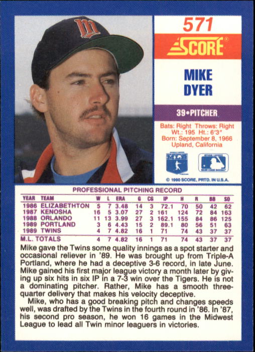 1990 Score #571 Mike Dyer RC back image