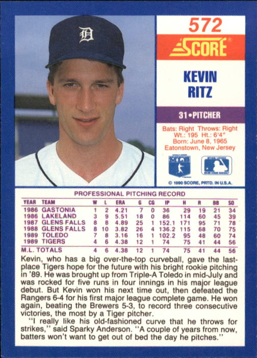 1990 Score #572 Kevin Ritz RC back image