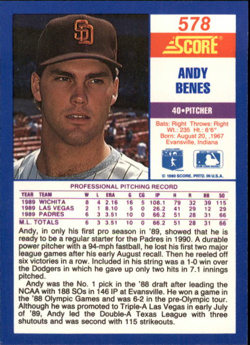 1990 Score #578 Andy Benes UER/Extra comma between/day and year back image