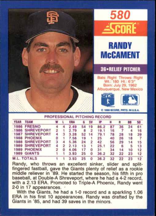 1990 Score #580 Randy McCament RC back image