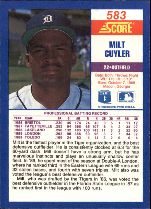 1990 Score #583A Milt Cuyler ERR RC/998 games back image