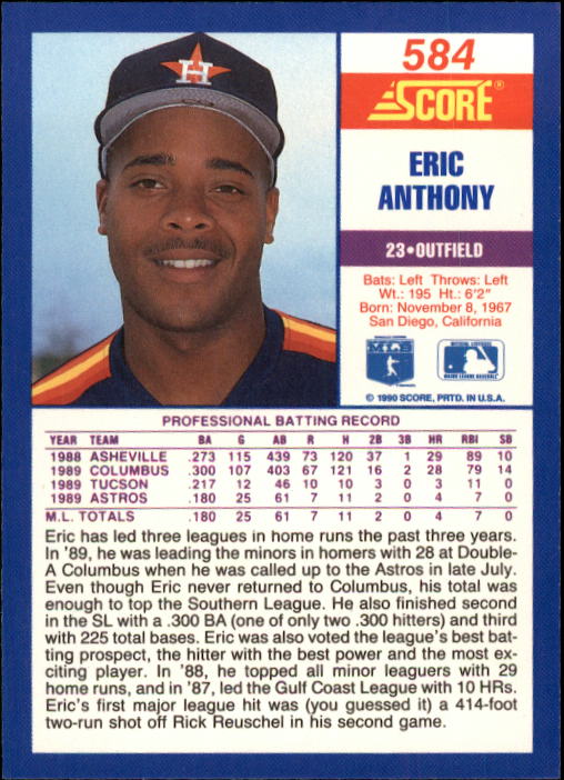 1990 Score #584 Eric Anthony RC back image