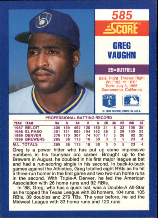 1990 Score #585 Greg Vaughn back image