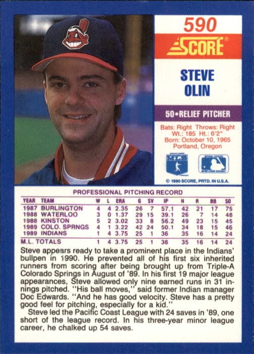1990 Score #590 Steve Olin RC back image