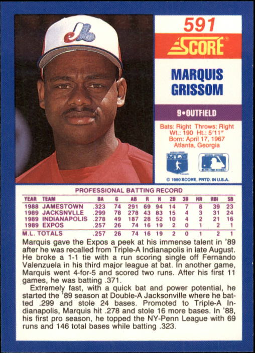 1990 Score #591 Marquis Grissom RC back image