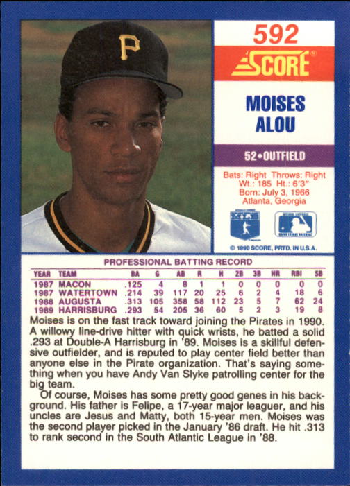 1990 Score #592 Moises Alou RC back image