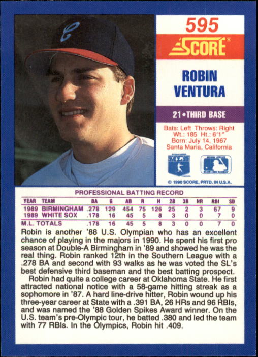 1990 Score #595 Robin Ventura back image