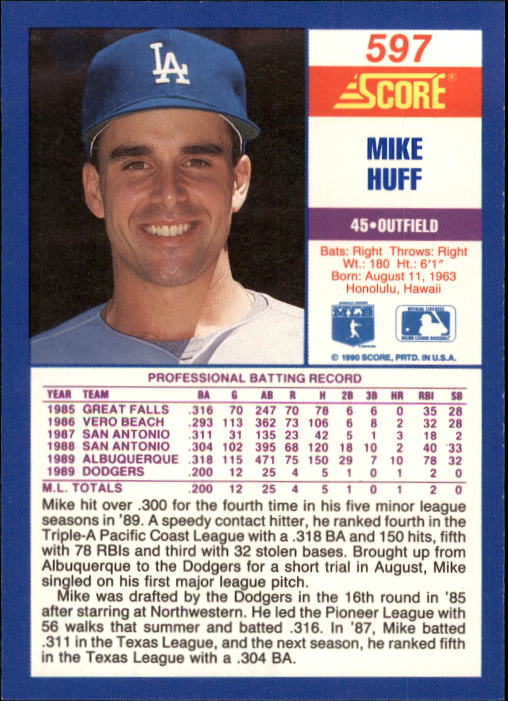 1990 Score #597 Mike Huff RC back image