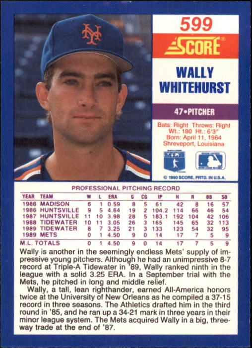 1990 Score #599 Wally Whitehurst back image