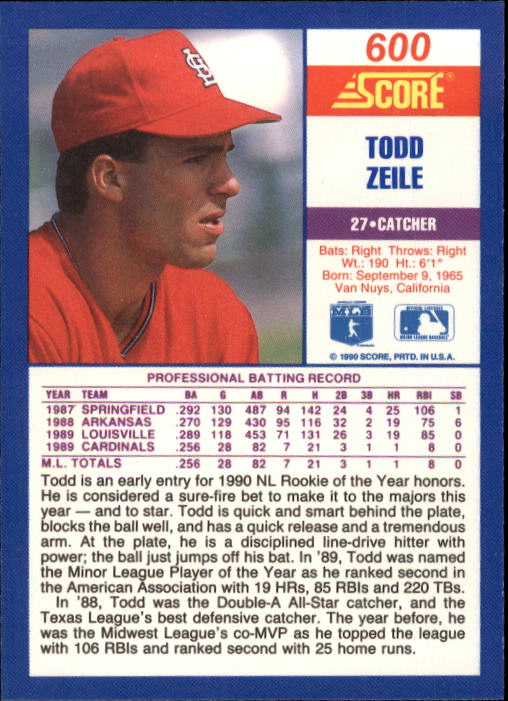 1990 Score #600 Todd Zeile back image