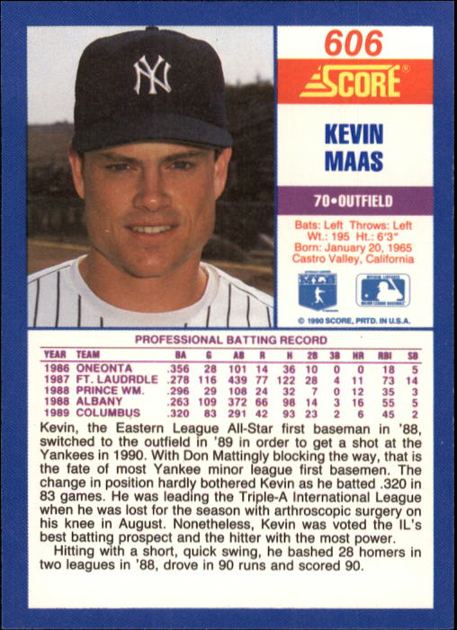 1990 Score #606 Kevin Maas RC back image